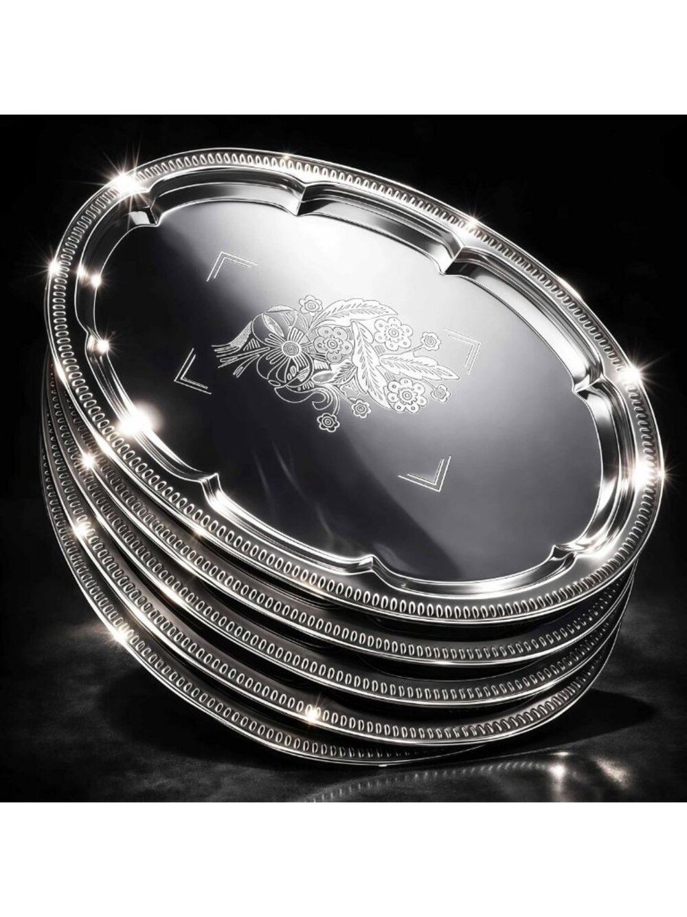 6-Pack Large Silver Oval Serving Trays - Floral Engraved Platters for Parties